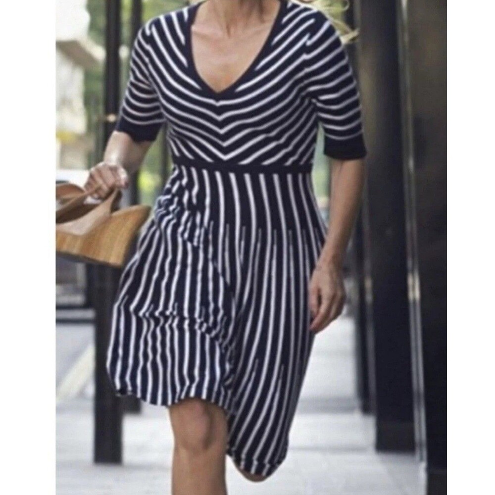 Boden Lucinda Knit Midi Dress Size 6 Navy White Striped 3/4 Sleeves Neutral Wool